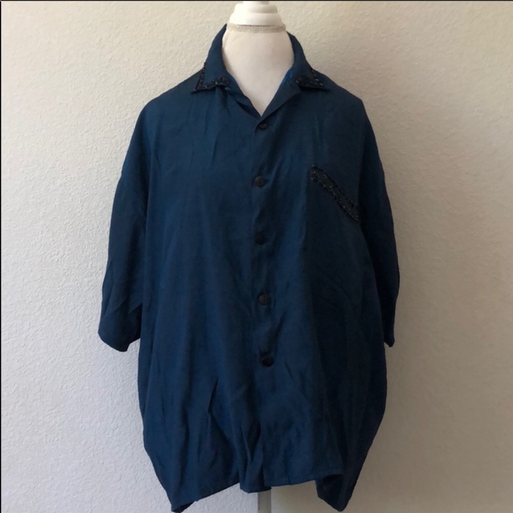 WeBeBop Beaded Dark Blue Button Up Top